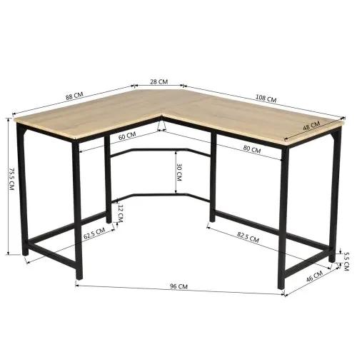 PrimeCanada.Store L-shaped desk with wood tabletop and black metal frame, PC workstation.