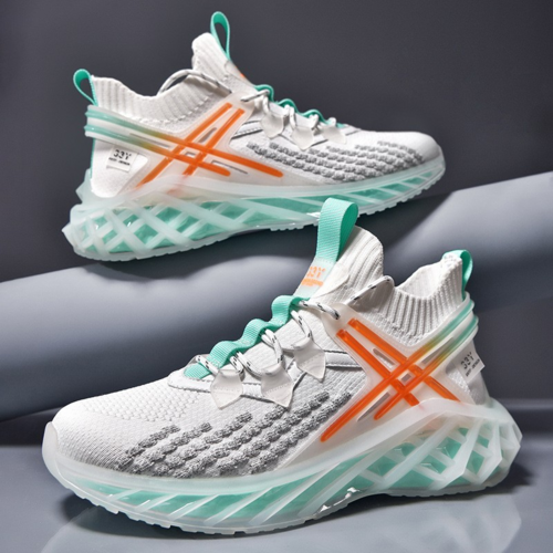 Pair of men's breathable running shoes, white knit with teal accents and orange cross stripes, lattice sole.