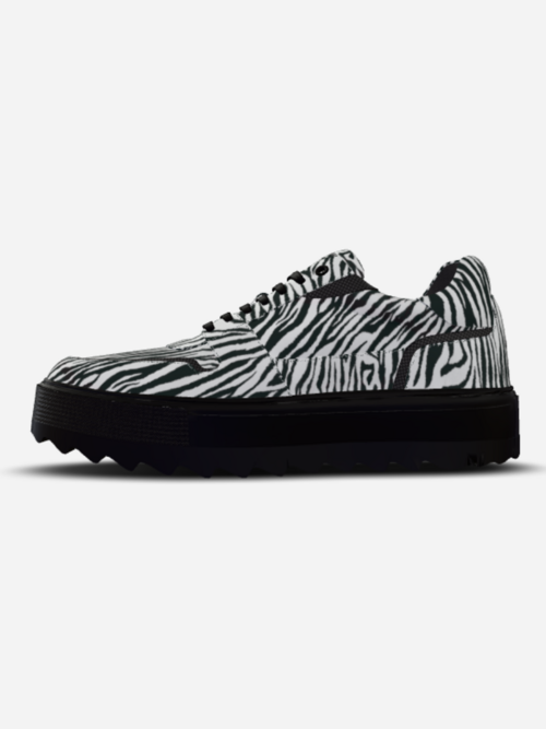 BYMANYC Harlem Glory ethical sneakers, zebra-print upper with black platform sole, unisex