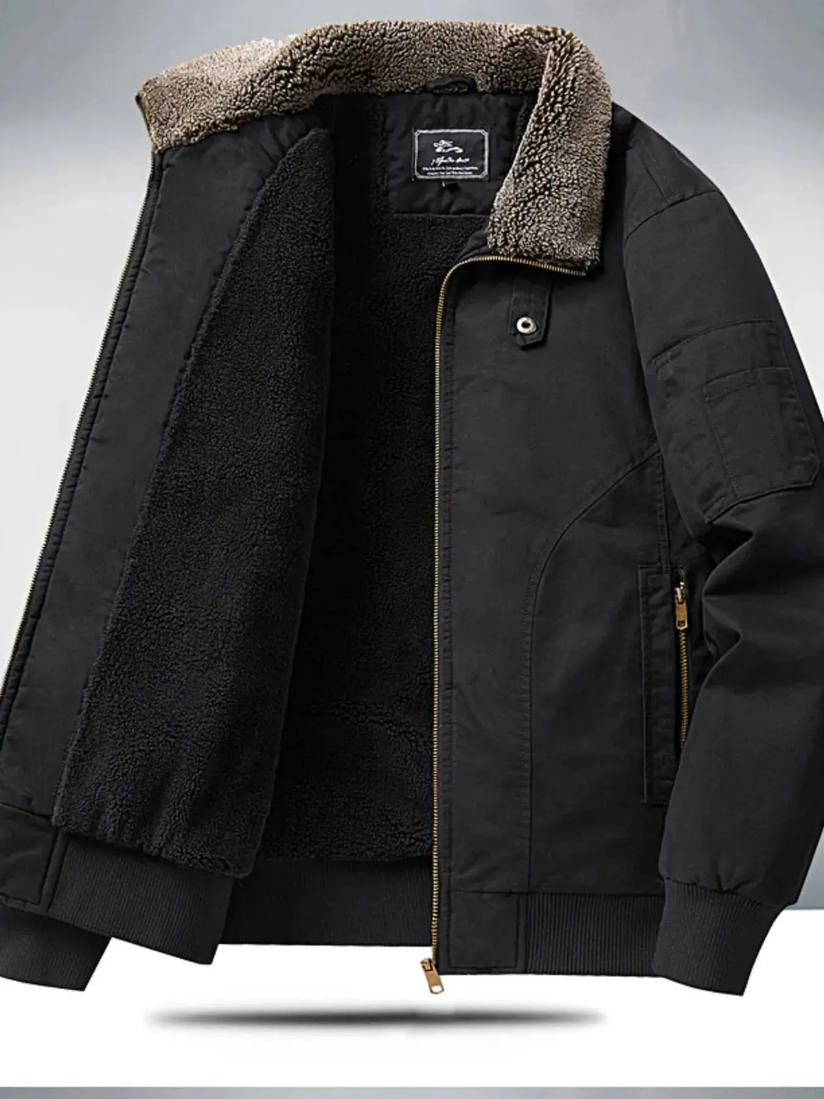 Men's Plus-Size Sherpa-Lined Zip-Up Jacket by Trendsi, black exterior with tan fleece interior and gold zipper
