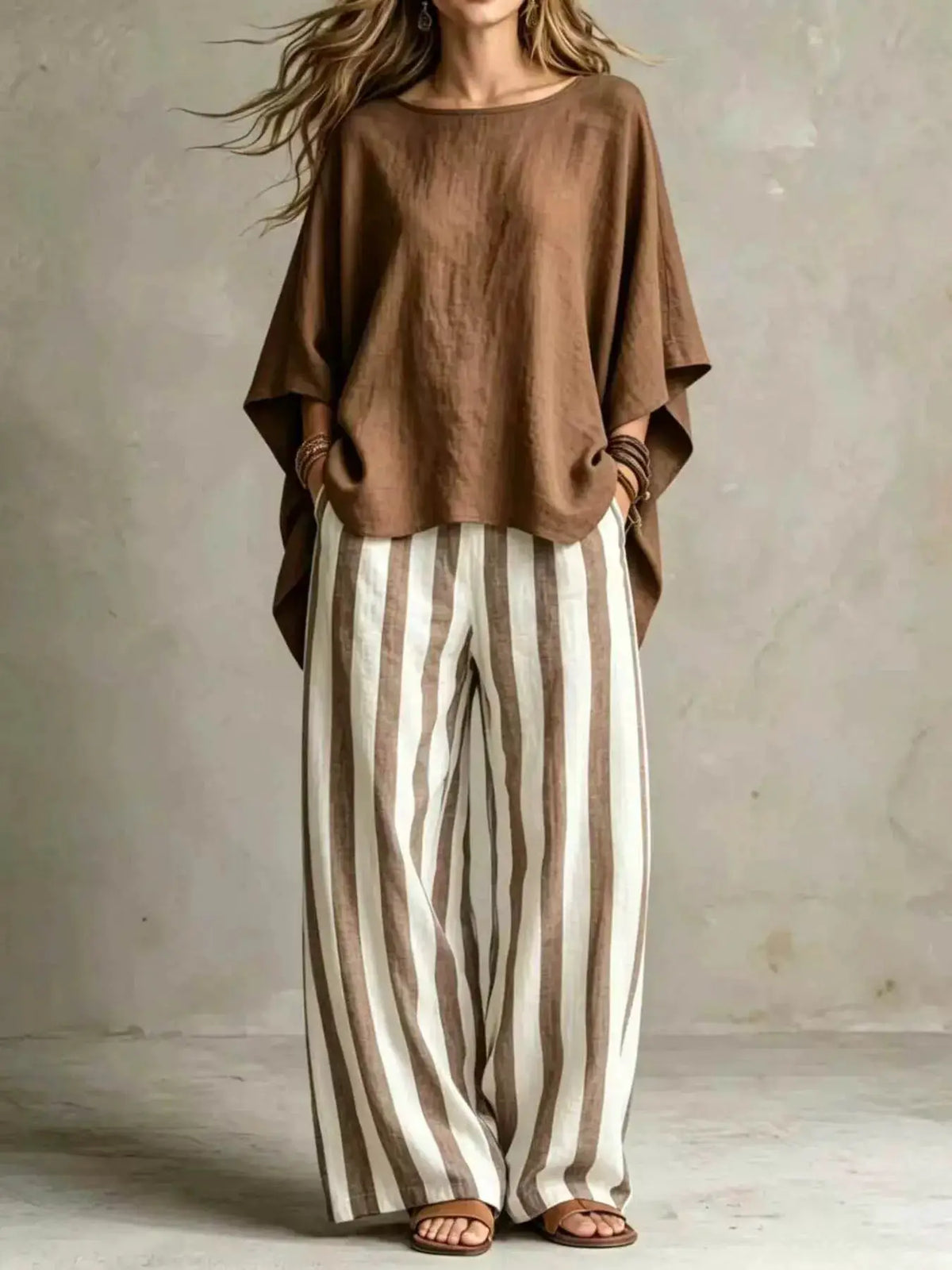 Plus-size brown solid top with vertical striped wide-leg pants set