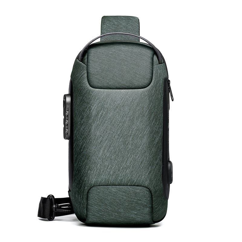 Anti Theft Oxford Chest Bag by AdTec in green textured fabric with padded laptop sleeve and zippered pockets