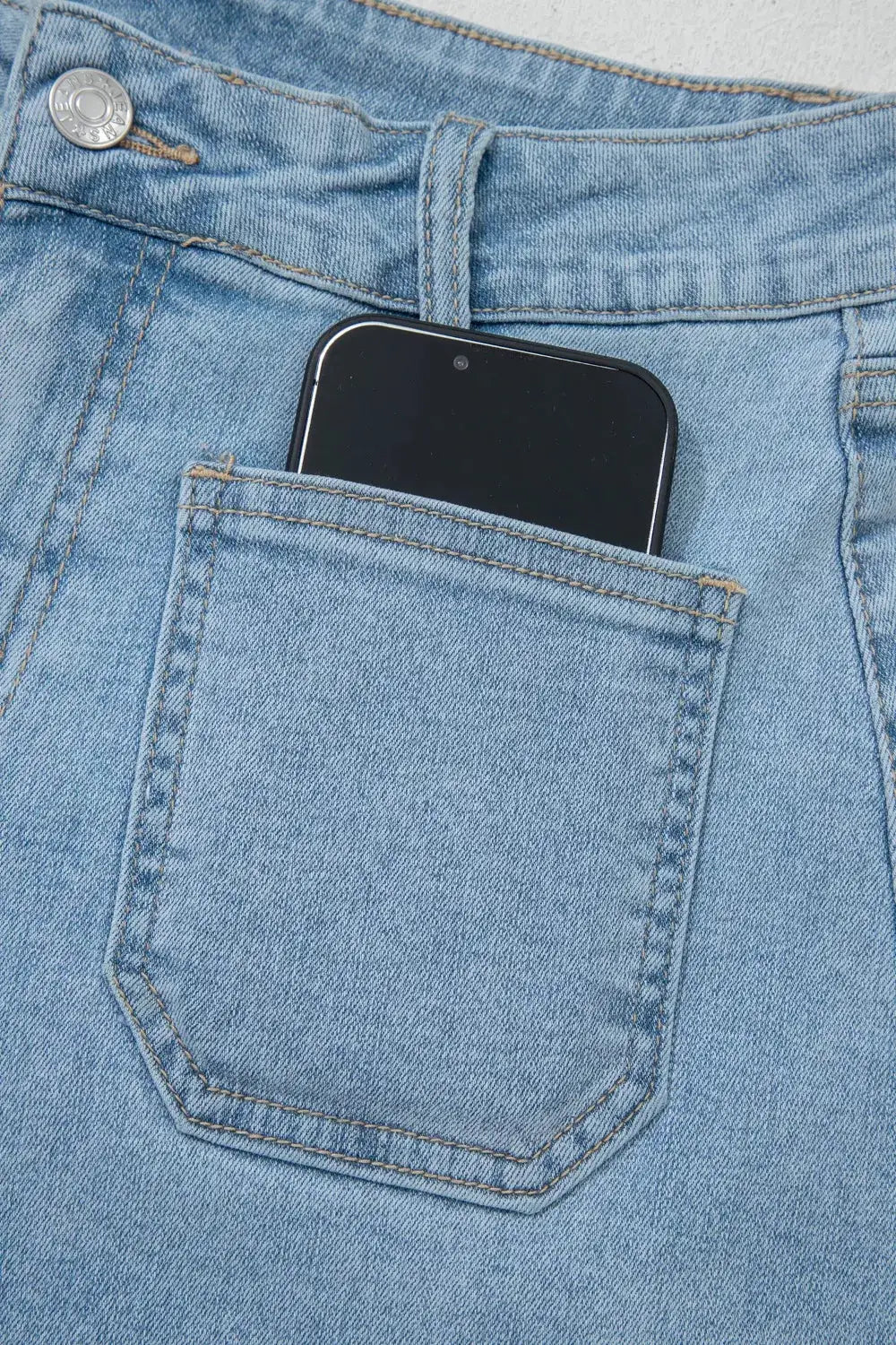 High Rise Patch Pocket Denim Shorts, light blue denim, smartphone in back pocket