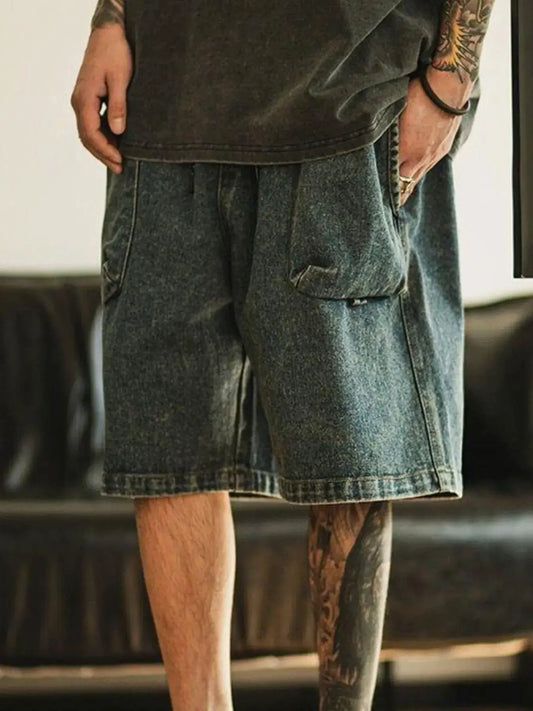 Men's Washed Relaxed Fit Cotton Stretch Denim Shorts by Trendsi in blue denim