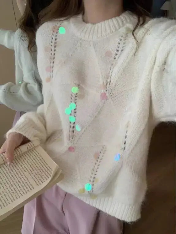 Shimmering sequin round-neck long-sleeve holiday sweater, white knit by Trendsi