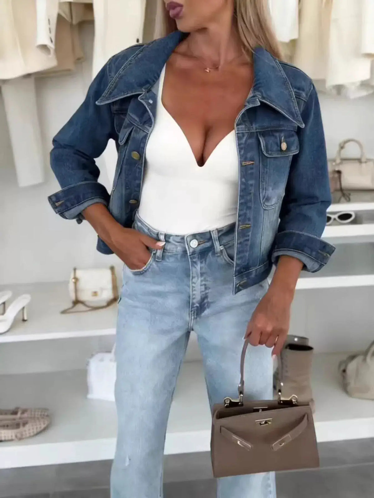 Plus Size Cropped Denim Jacket by Trendsi in light blue denim, slim fit