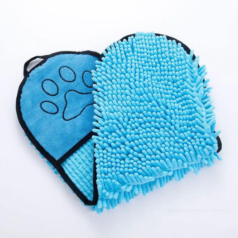 Blue microfiber pet towels set for dogs and cats; quick-drying bath towels with paw-print design, 2-pack