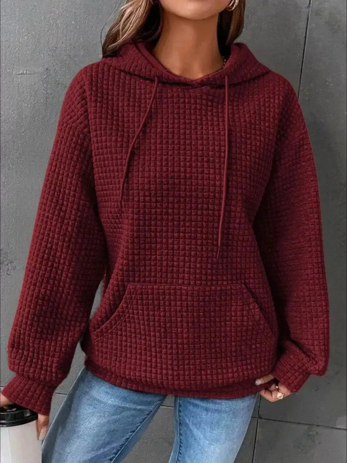 Full Size Textured Kangaroo Pocket Hoodie Plus Size by Trendsi, burgundy quilted hoodie with hood and front pocket
