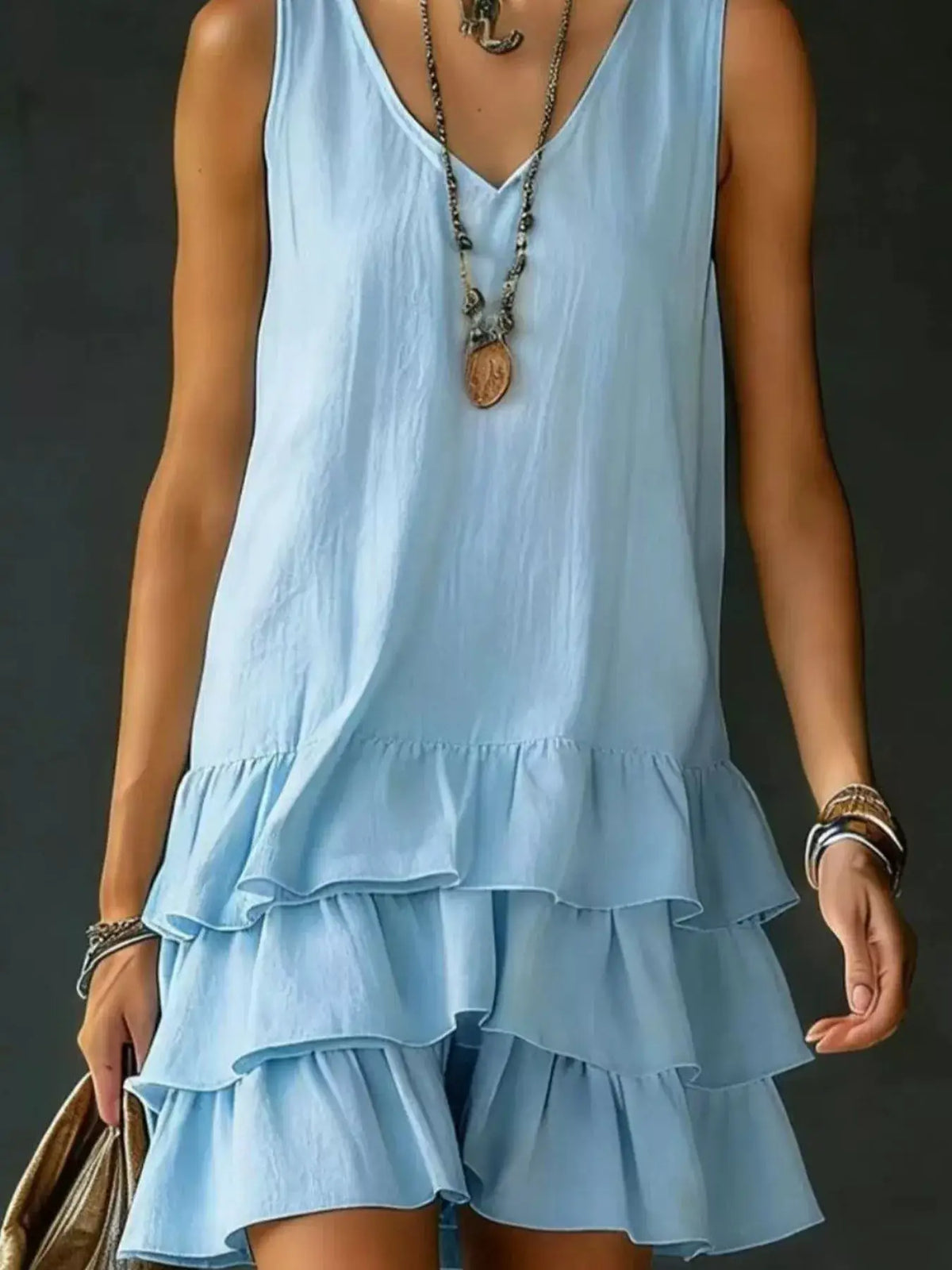 Dress by Trendsi, plus-size light-blue V-neck sleeveless with tiered ruffled hem
