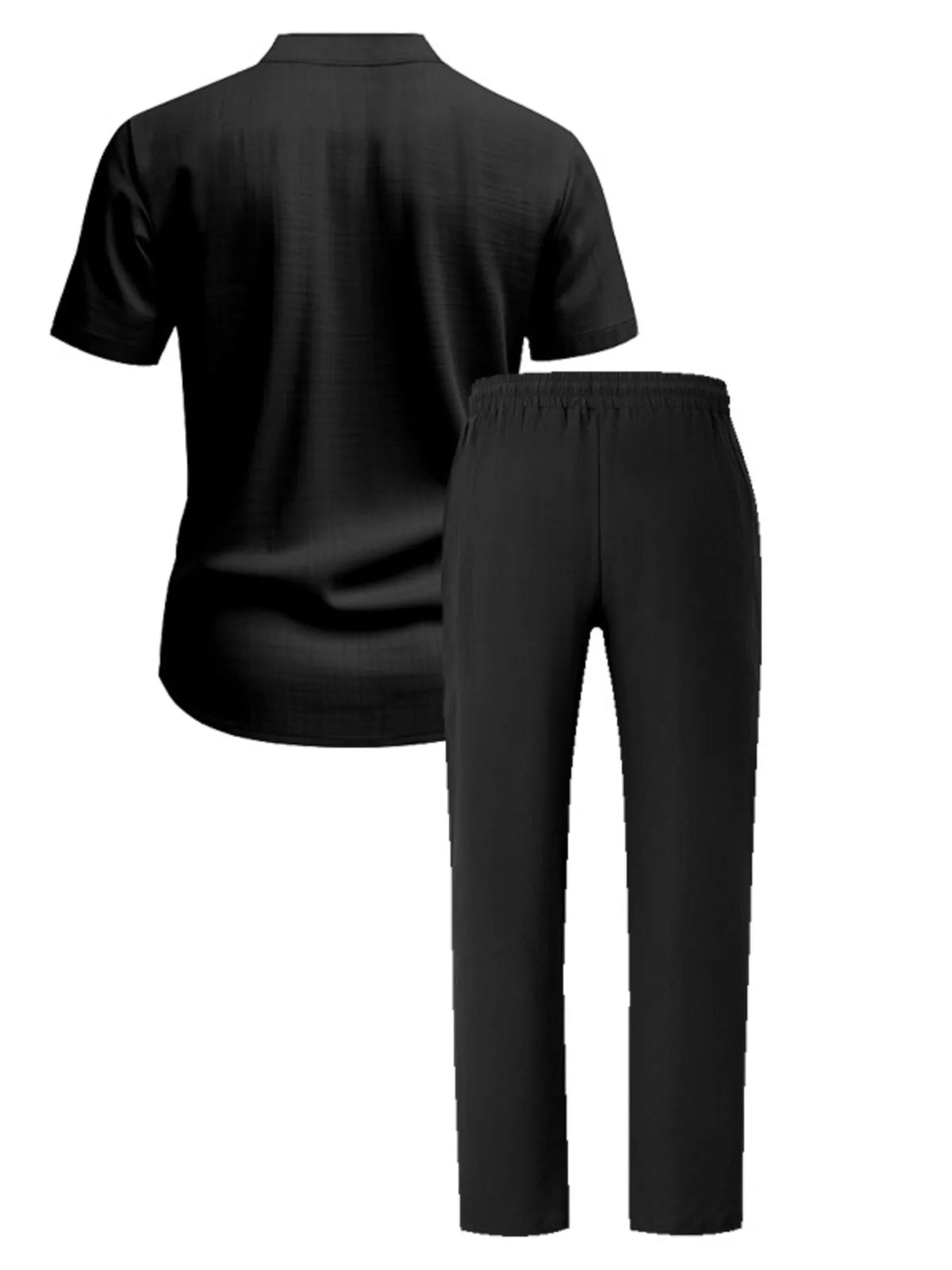 Plus-size men's black casual two-piece short-sleeve shirt and pants set