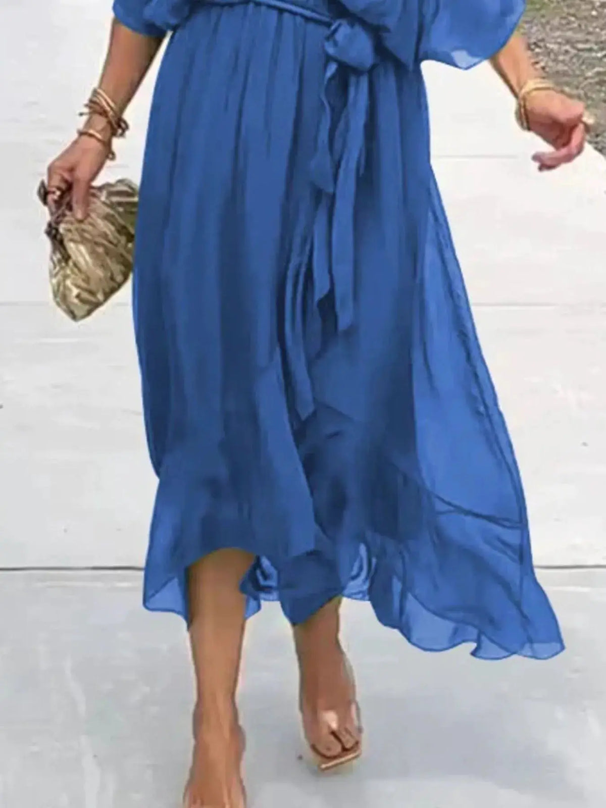 Full-size flowy tie-front midi dress with flutter sleeves, blue, plus-size.
