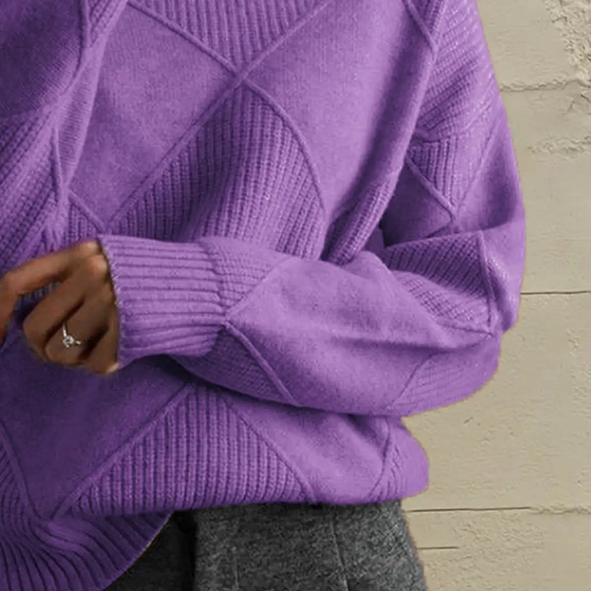 Geometric Turtleneck Long Sleeve Sweater by Trendsi, purple stretch knit.