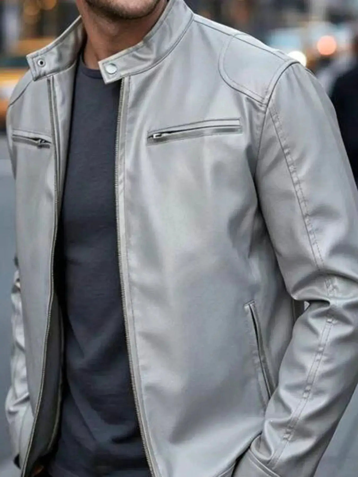 Men's plus-size faux leather bomber jacket, light gray with zip pockets, Trendsi.