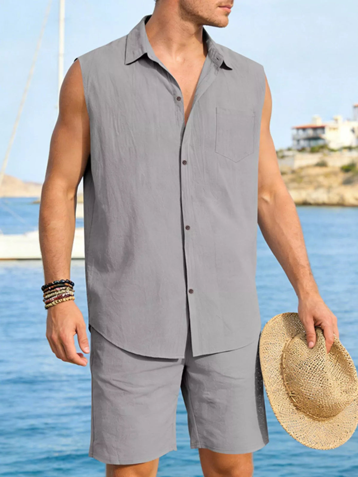 Men's sleeveless button-up shirt and shorts set in grey, pocketed chest detail, plus size by Trendsi