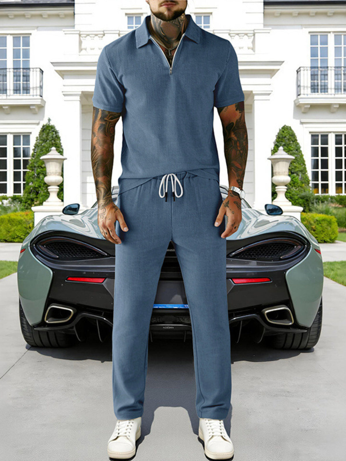 Men's blue casual zipper polo shirt and drawstring pants two-piece set, plus size