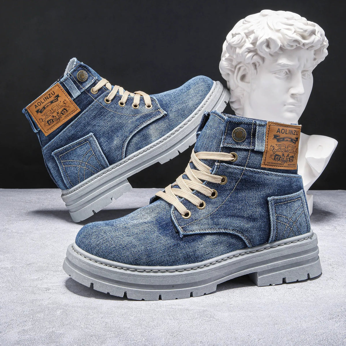 Pair of Velora high-top denim sneakers by AdTec with beige laces and breathable cotton lining