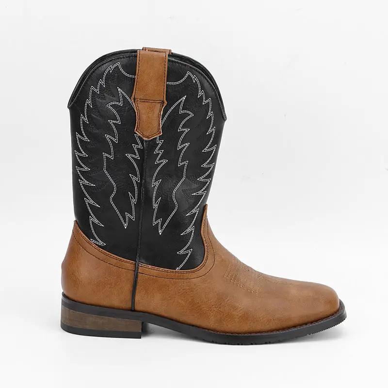 Maverick Men Mid Calf Western Boots with Wedge Heel in brown leather and black shaft by AdTec