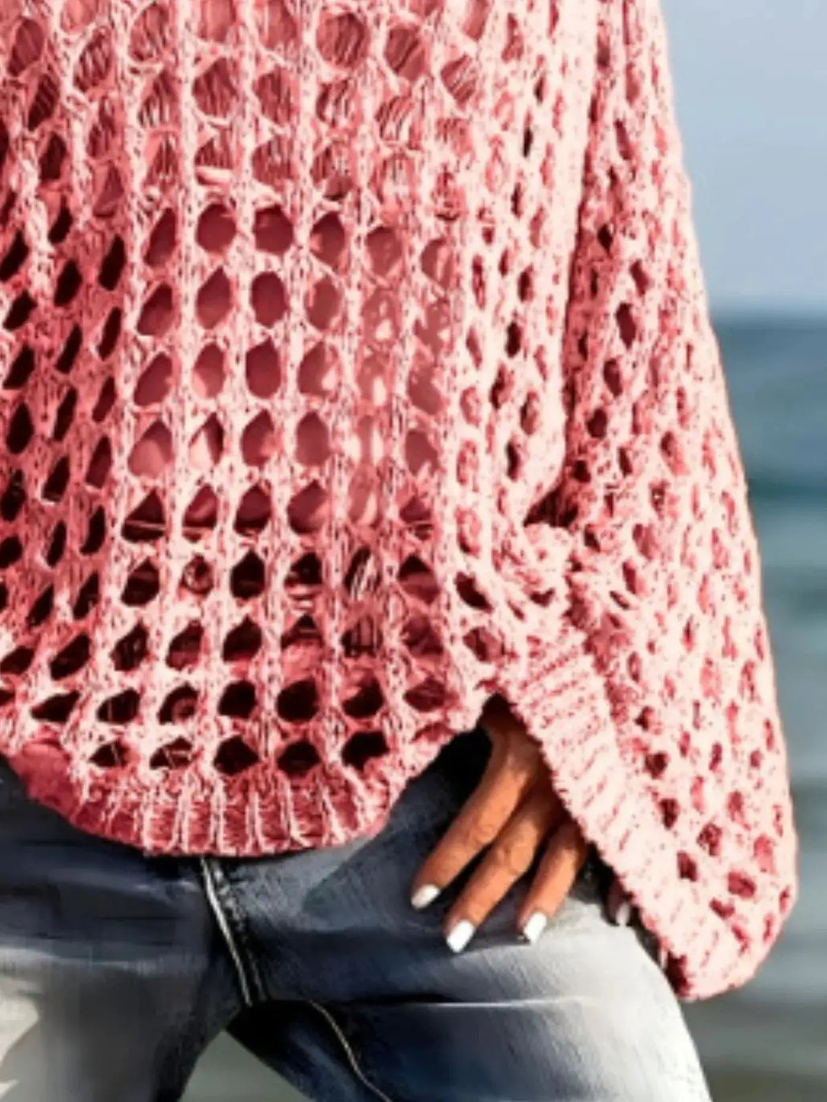 Lightweight pink crochet long-sleeve knit cover-up cardigan, oversized for beachwear