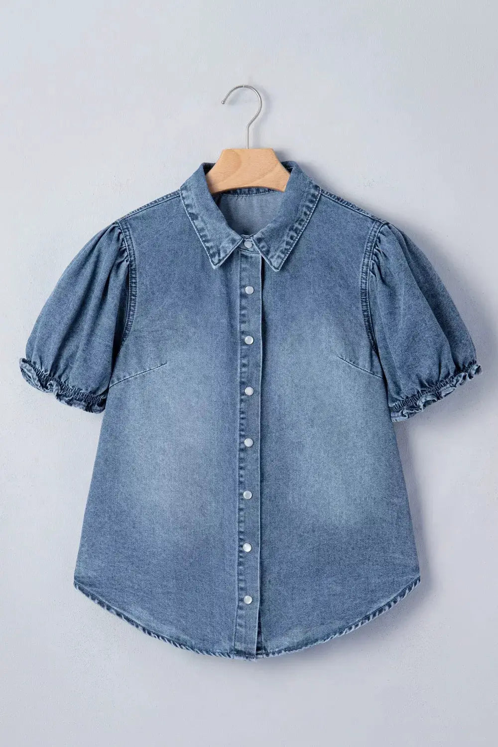Girls frilled blue short sleeve denim shirt with snap buttons, lightweight
