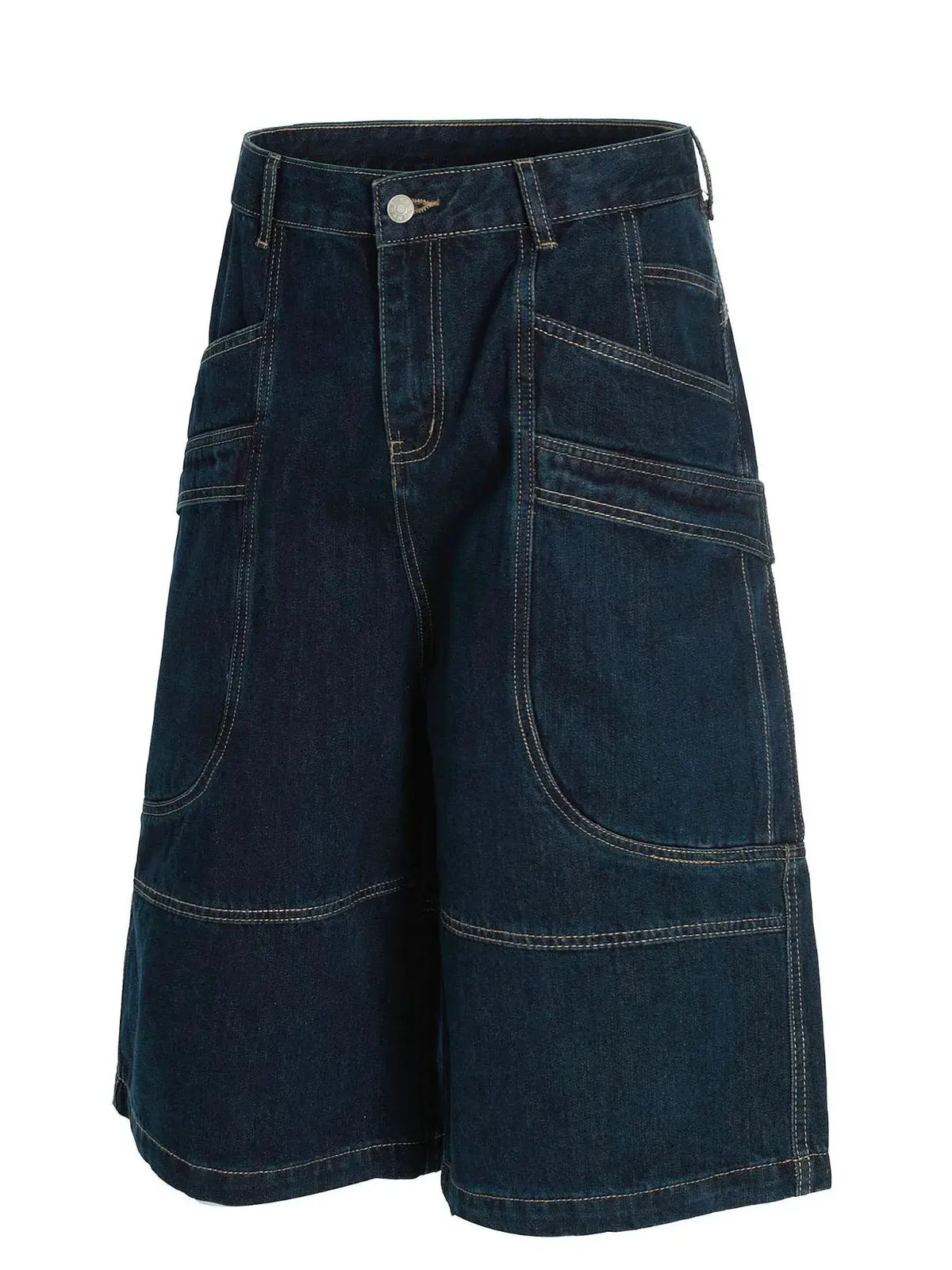 Mens wide-leg denim shorts in dark indigo cotton with breathable contrast stitching and multiple pockets