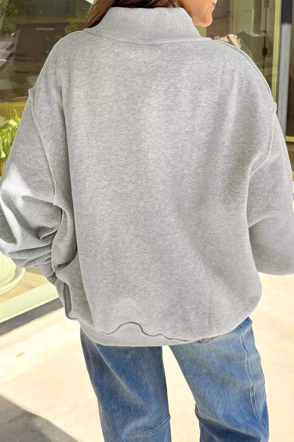 Reversible Halloween Graphic Mock-Neck Tunic Sweatshirt, gray oversized back view