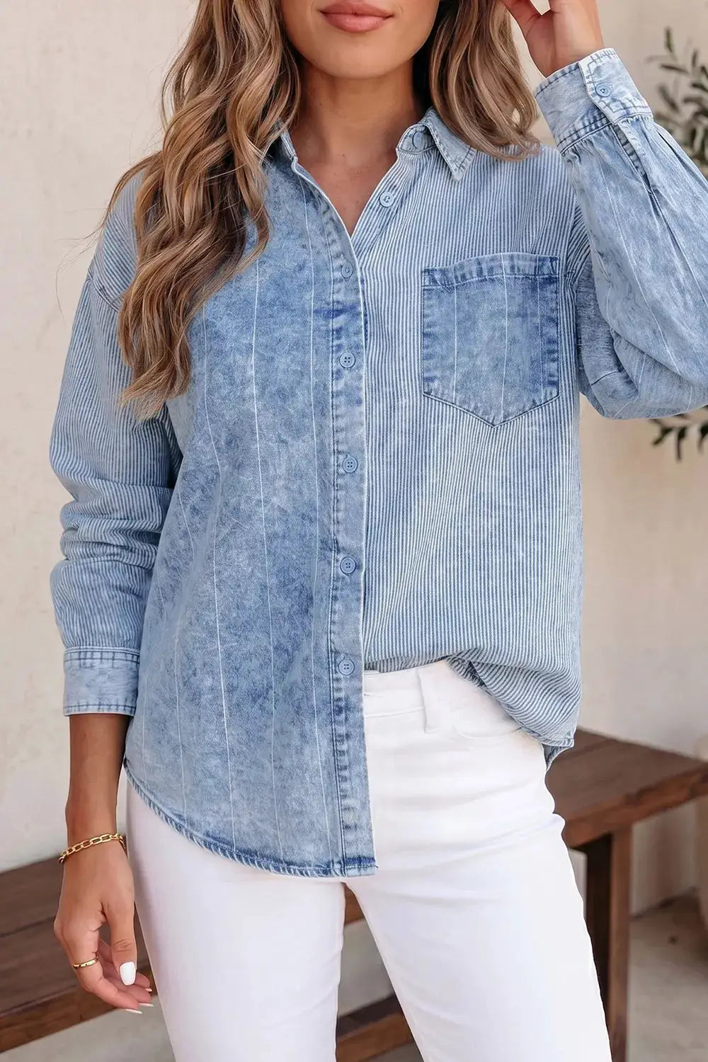Trendsi classic front-button striped denim shirt with chest pocket, light blue