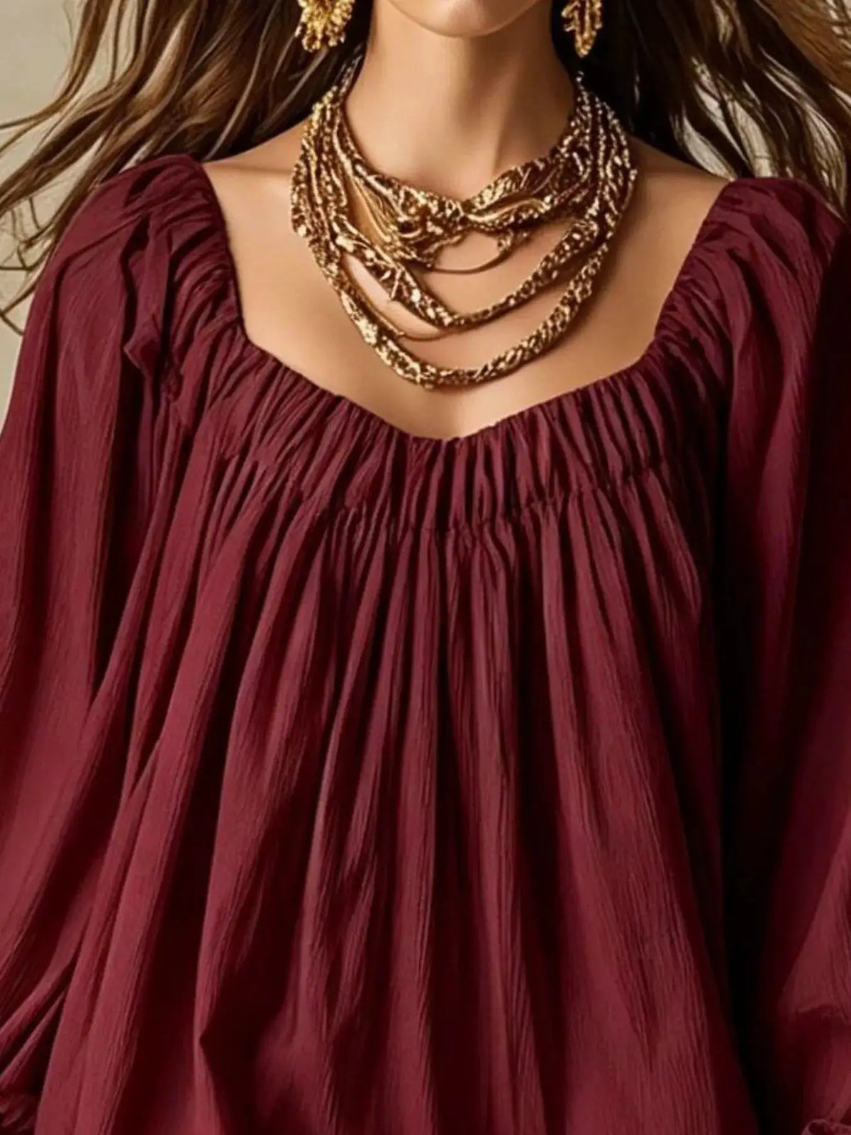 Flowy Balloon Sleeve Mini Dress in burgundy with a gathered bodice