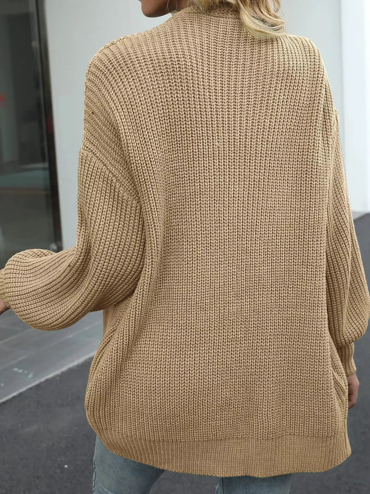 Cardigan, cozy oversized open-front camel knit with lantern sleeves