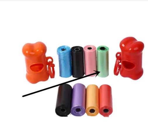 Pet poop bag dispensers by AdTec, two bone-shaped red units with assorted bag rolls