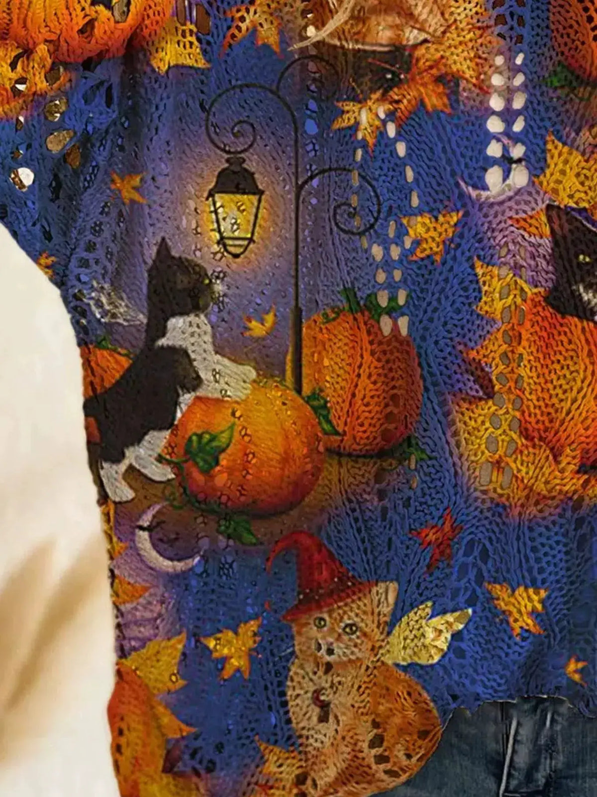 Full Size Halloween Pumpkin loose-knit cover-up; multicolor blue and orange crochet with pumpkin motifs