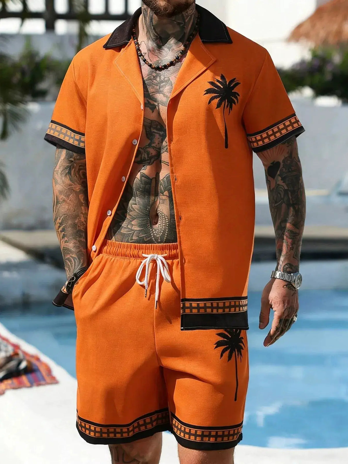 Men's tropical palm tree print 2-piece short-sleeve shirt and orange shorts set with black trim