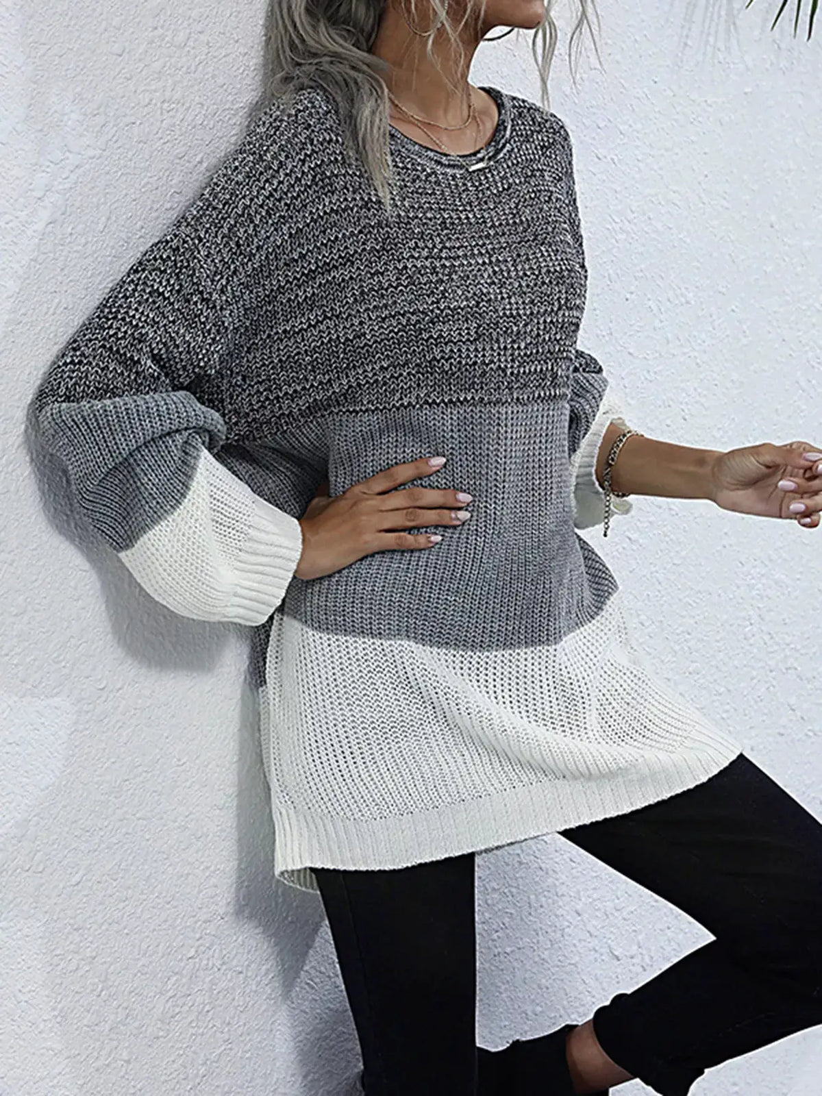 Color block oversized sweater by Trendsi; charcoal to light gray knit, round neck, relaxed fit
