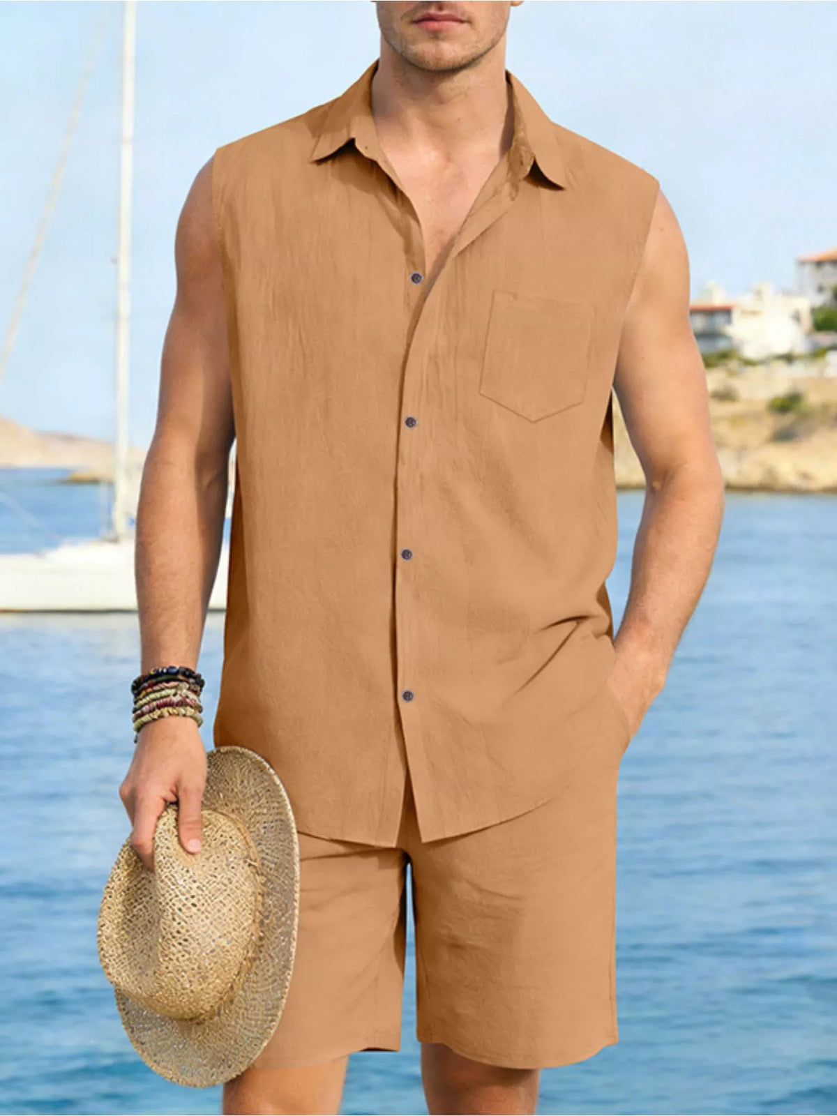 Trendsi men's plus-size 2-piece sleeveless button-up top and shorts set in tan with chest pocket