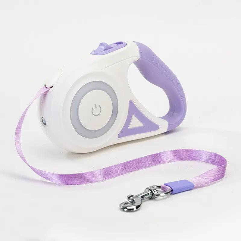 Retractable dog leash by AdTec with purple handle and purple strap, white body, metal clasp