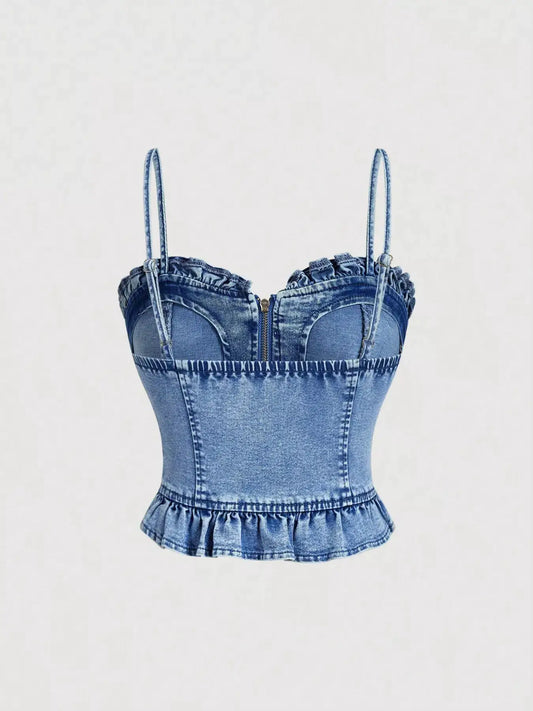 Sweetheart-neck denim cami top with front zip, ruffled hem, blue denim, Trendsi