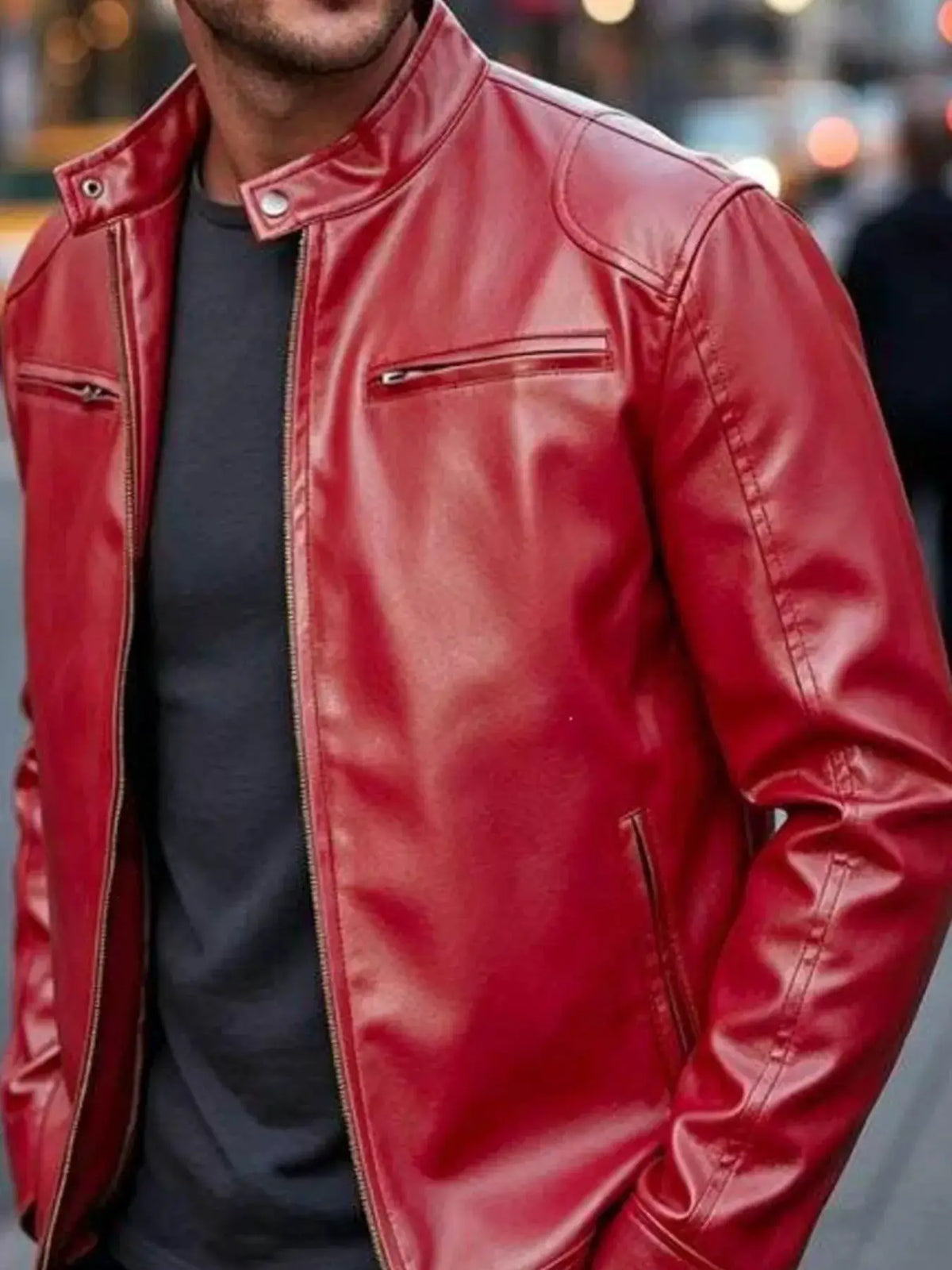 Men's red faux leather bomber jacket with zip pockets, front zipper, plus size by Trendsi