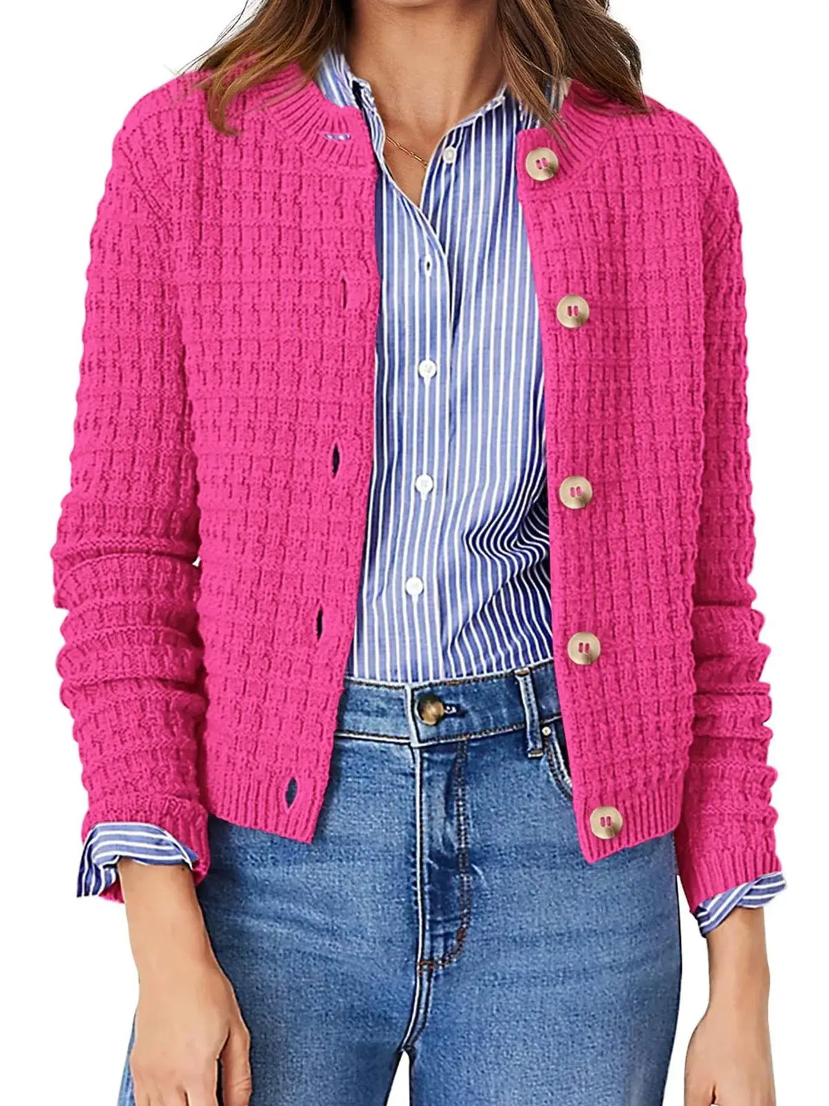 Cardigan bright pink textured knit with button front, layered over a blue striped shirt (2-piece outfit)