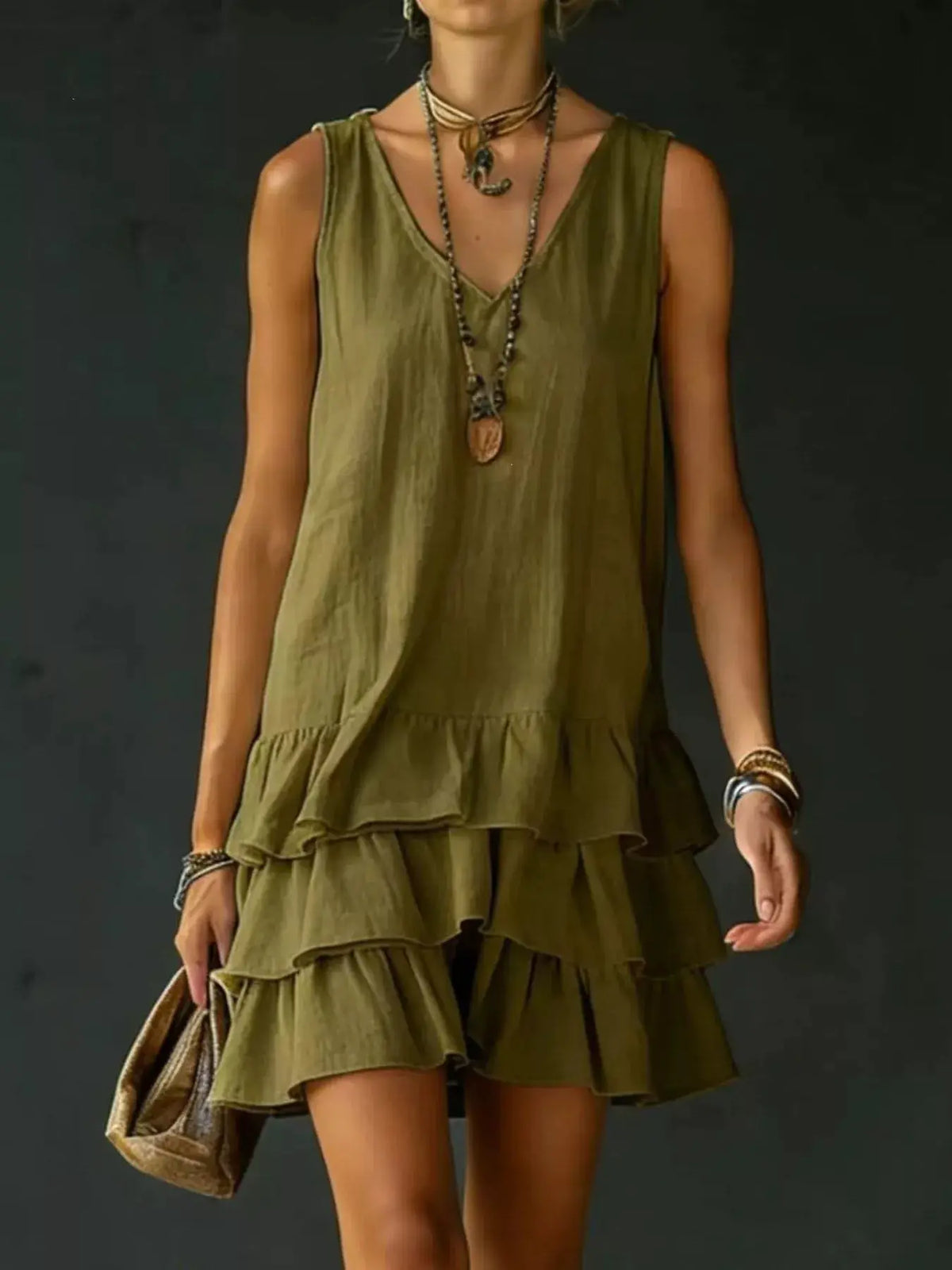 Plus Size V-Neck Sleeveless Dress with Olive Green Ruffled Hem by Trendsi