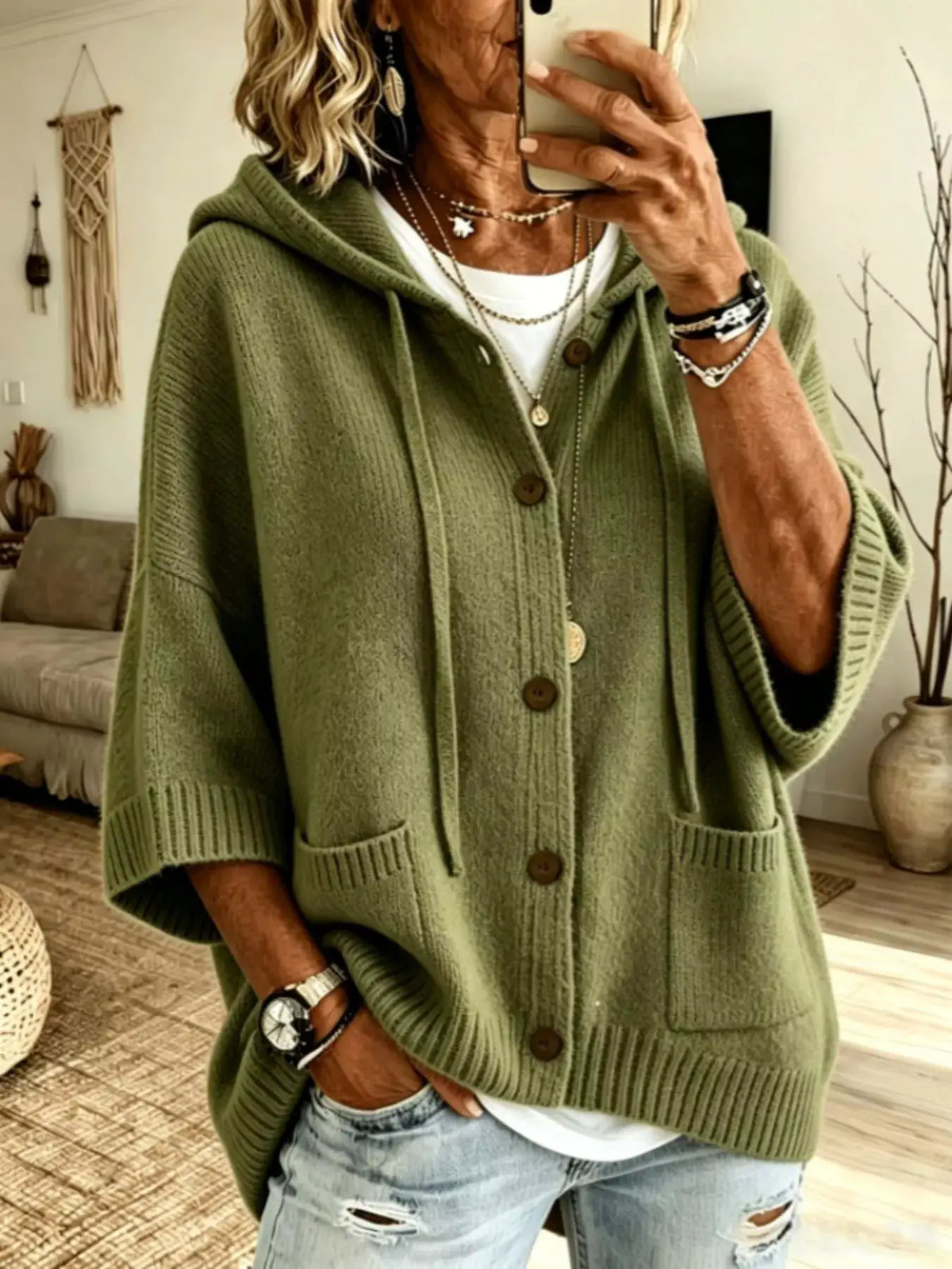 Full Size Casual Hooded Button-Down Knit Cardigan, olive green knit by Trendsi with front pockets