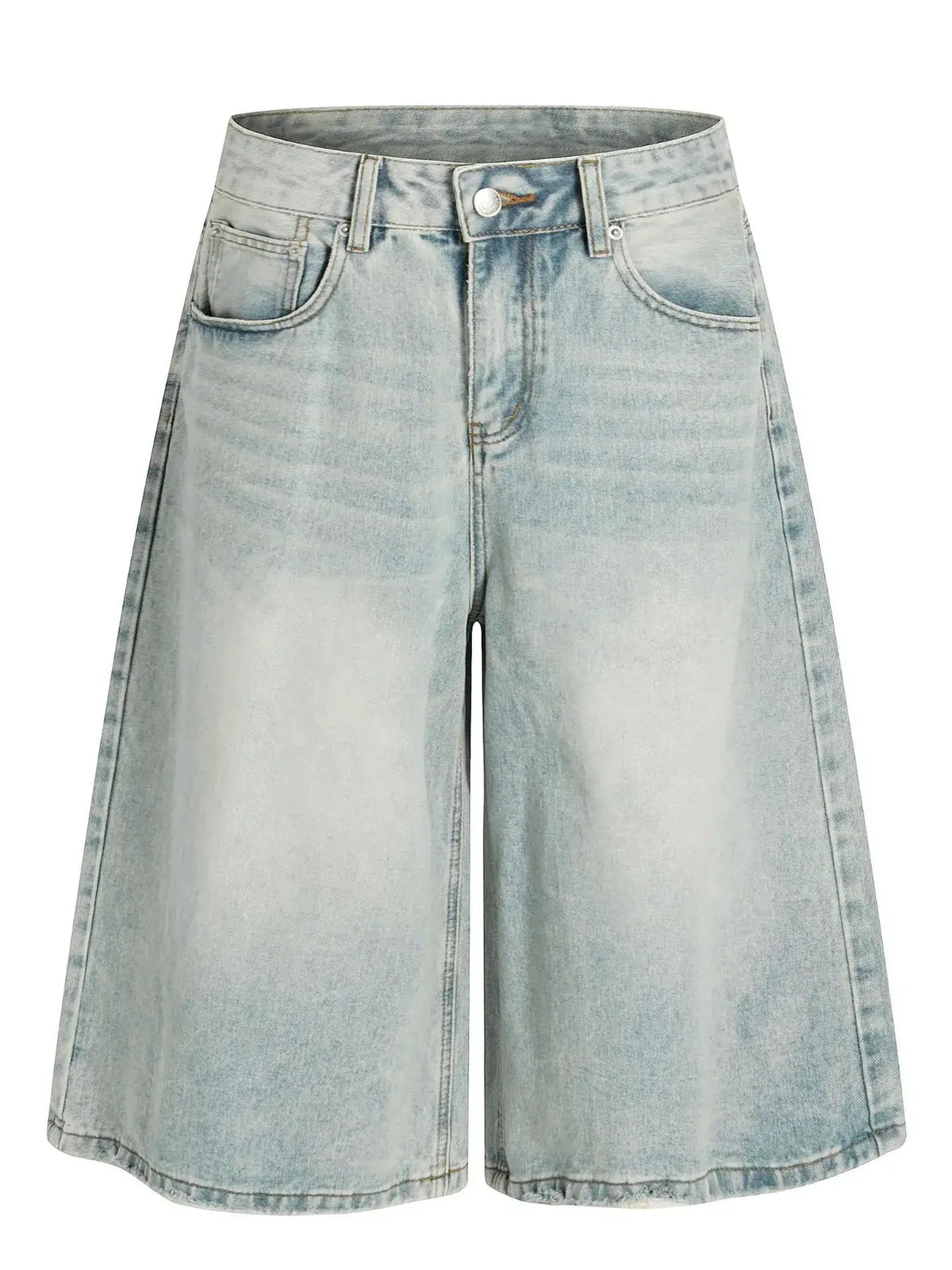 Mens wide-leg light-wash denim shorts, soft cotton, relaxed fit