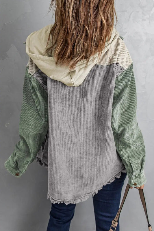Snap Front Hooded Corduroy Shacket with grey body, beige hood, and green sleeves