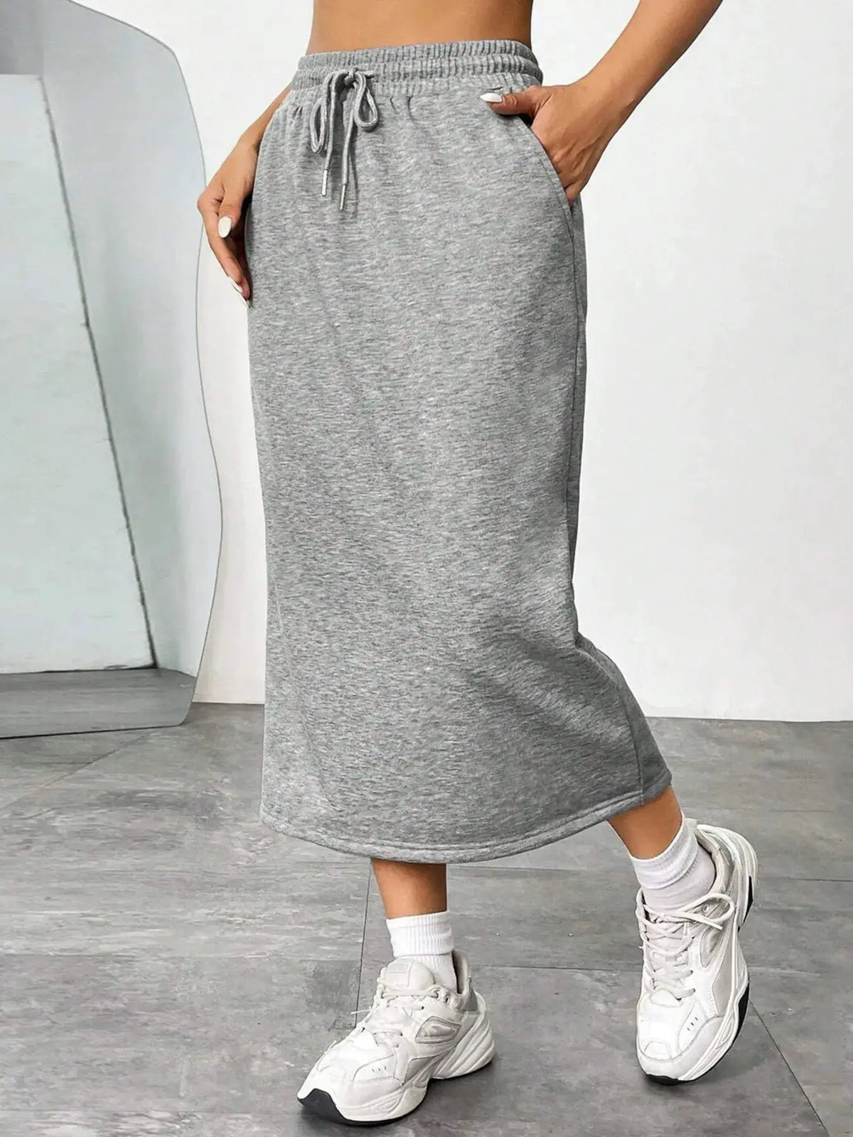 Slit Drawstring Midi Skirt by Trendsi, gray heather knit with waist tie.