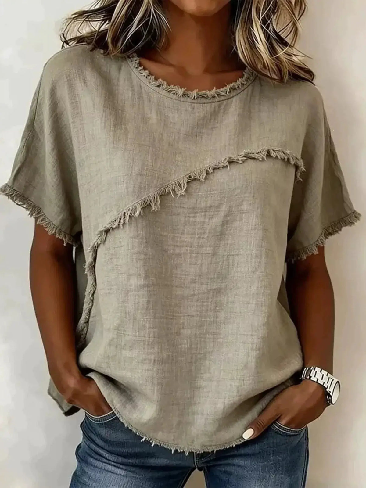 Plus-size frayed-hem short-sleeve top in beige linen-look fabric