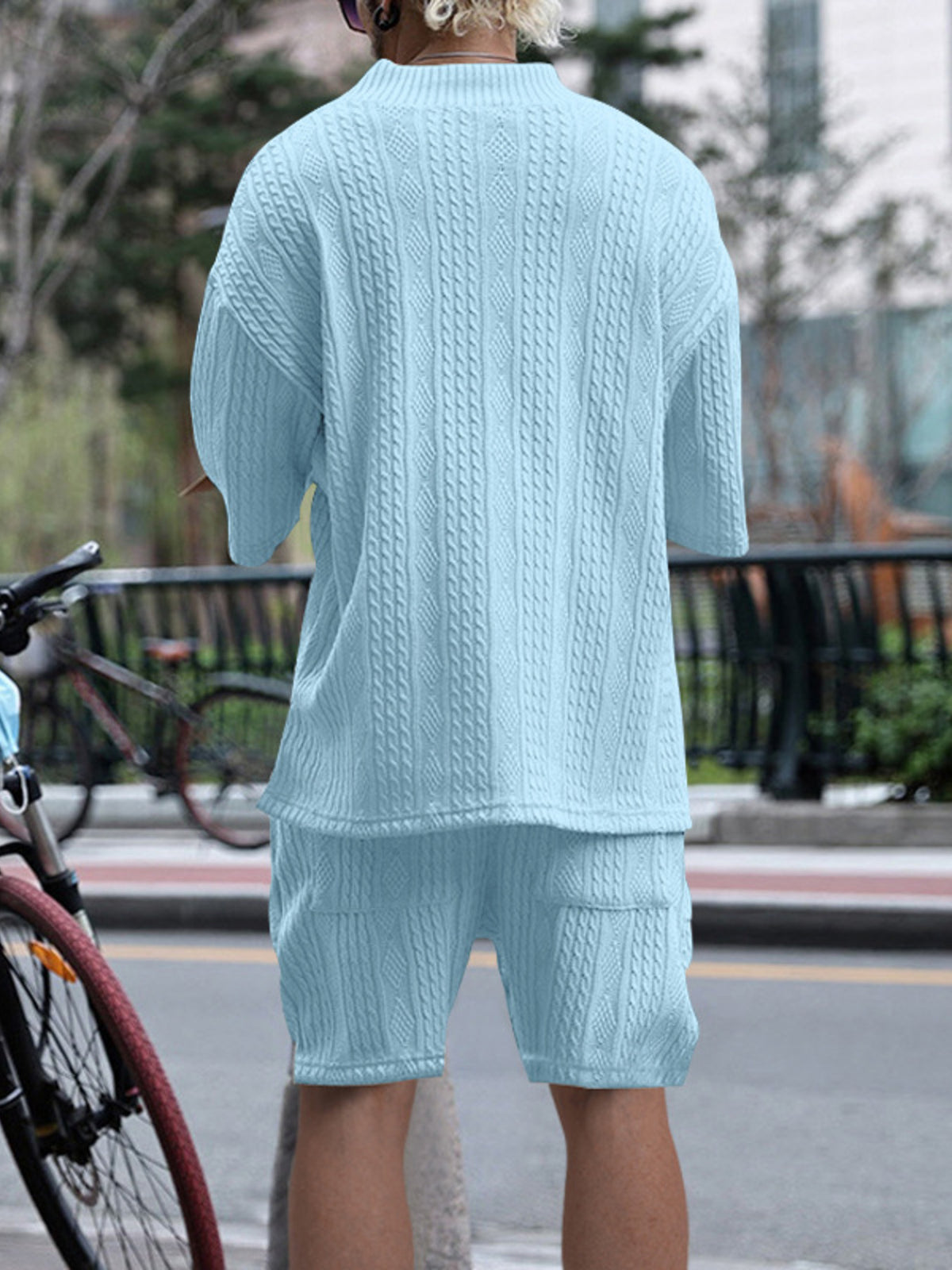 Plus-size men's light-blue knit V-neck short-sleeve top and matching shorts set, cable-knit pattern