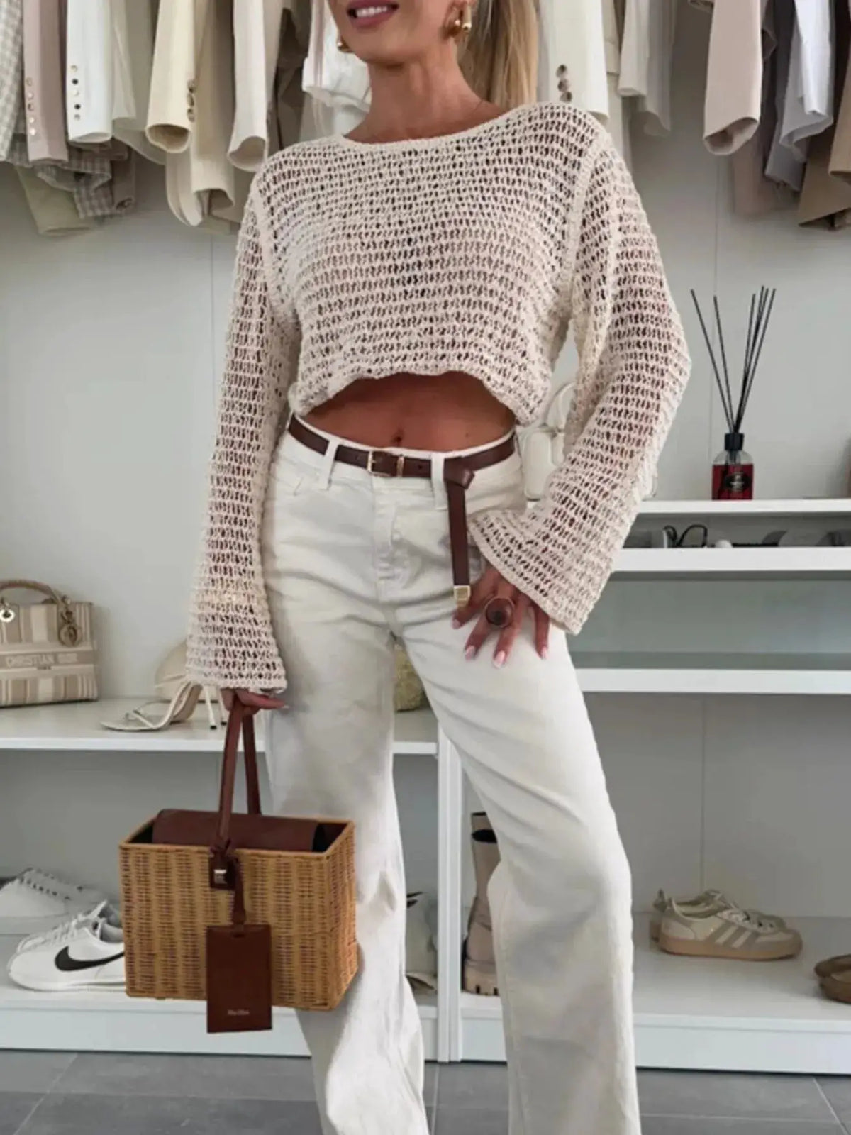 Trendsi lightweight openwork knit bikini cover-up top in cream, cropped with long sleeves