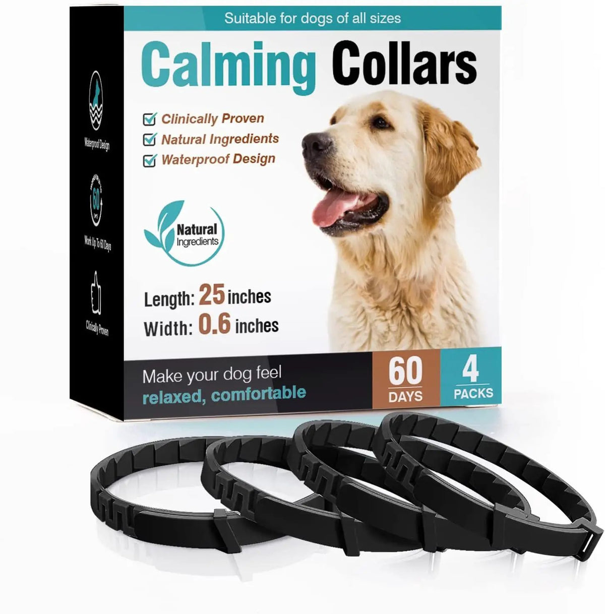 Pet calming collar packaging by AdTec with a dog image and four black collars on display