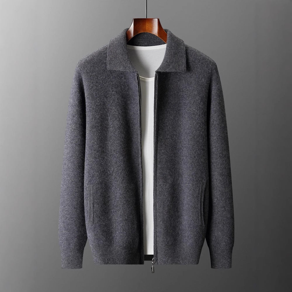 Men's solid-color warm knitted cardigan in charcoal gray with zip front