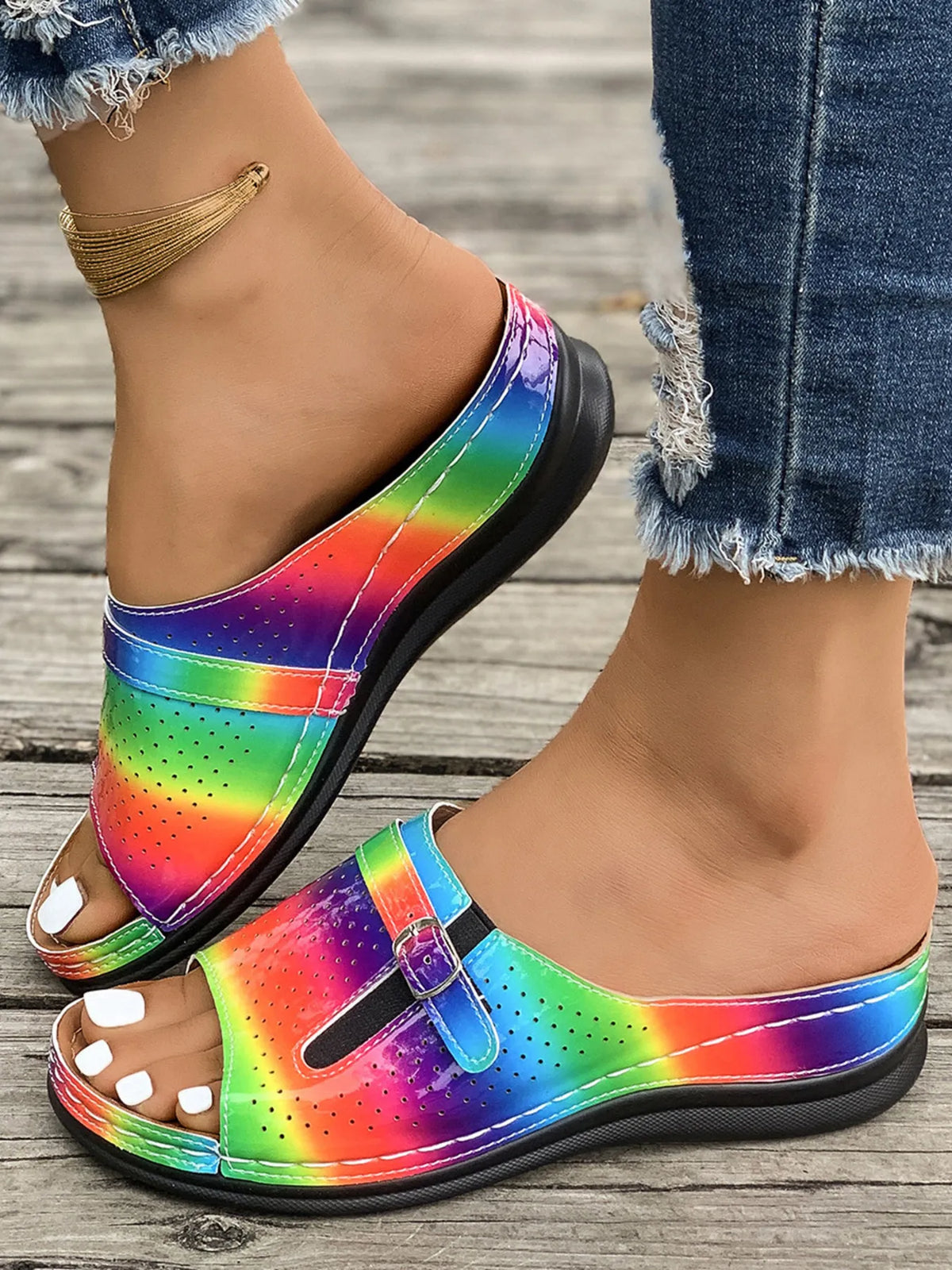Casual Comfort Buckle Strap Sandals, rainbow gradient straps, 2 sandals visible, black sole