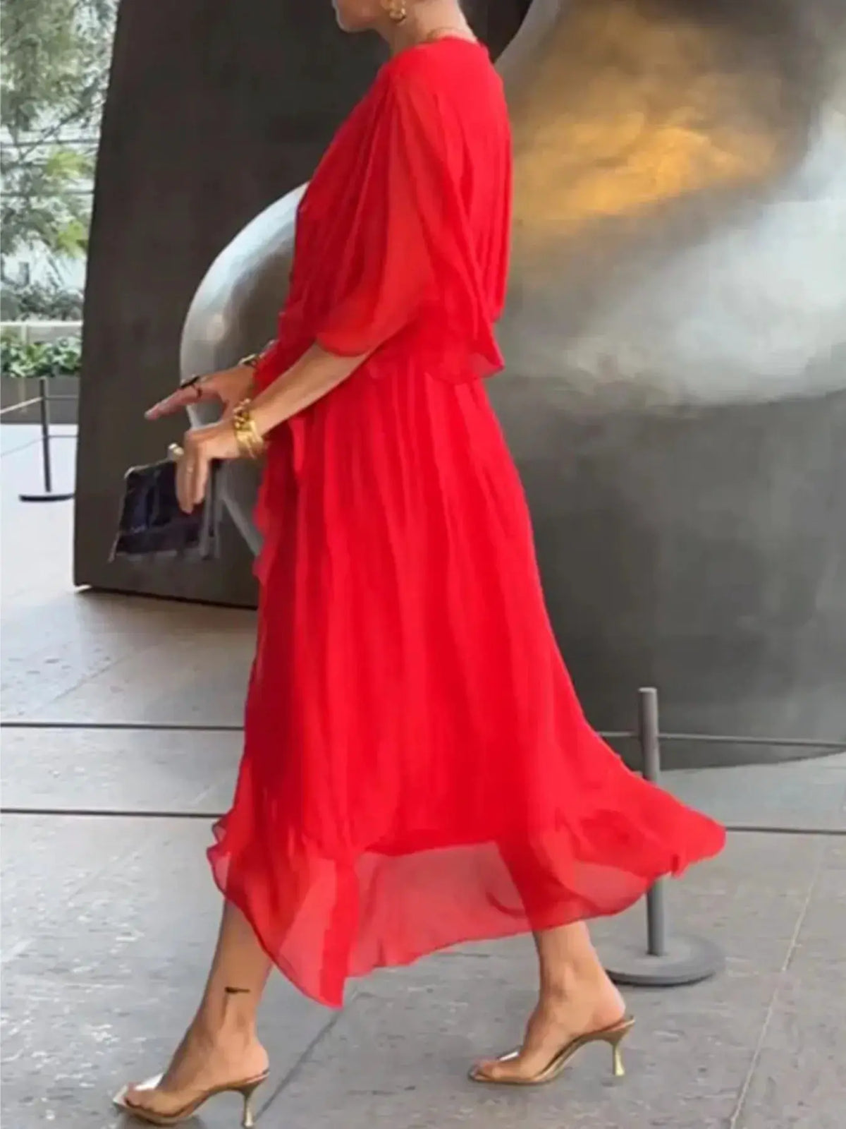 Trendsi plus-size red flowy tie-front midi dress with flutter sleeves