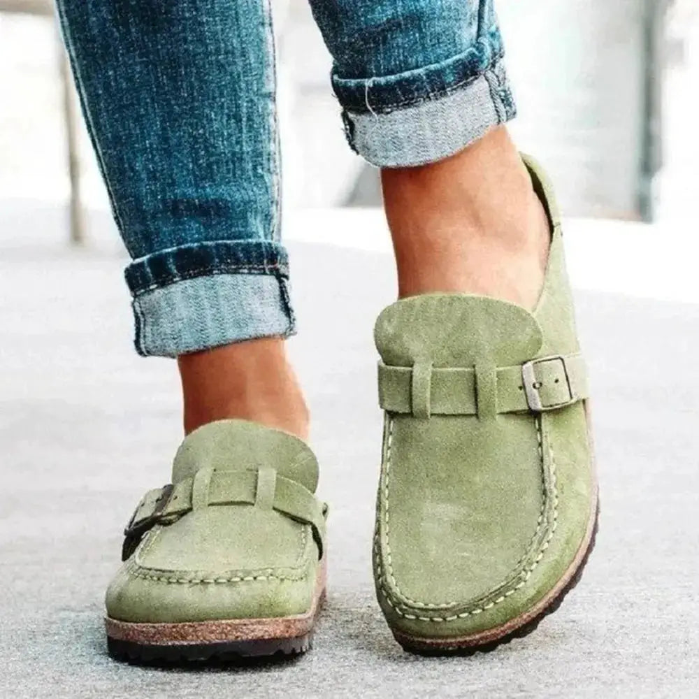Round Toe Low Heel Buckle Loafers in sage-green suede, two shown